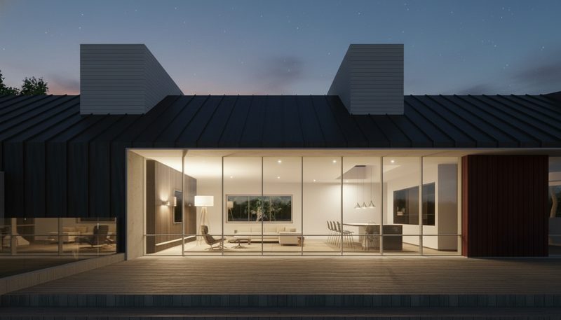 Barn-Inspired Bliss — glazed façade at dusk, towers as lanterns