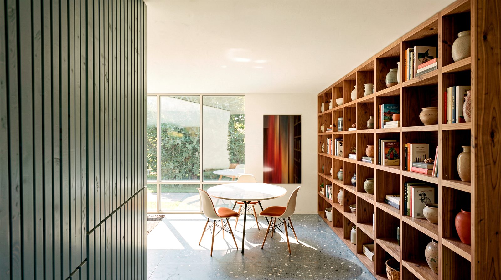 The same end proposed with a full wall of shelving and a table in the light