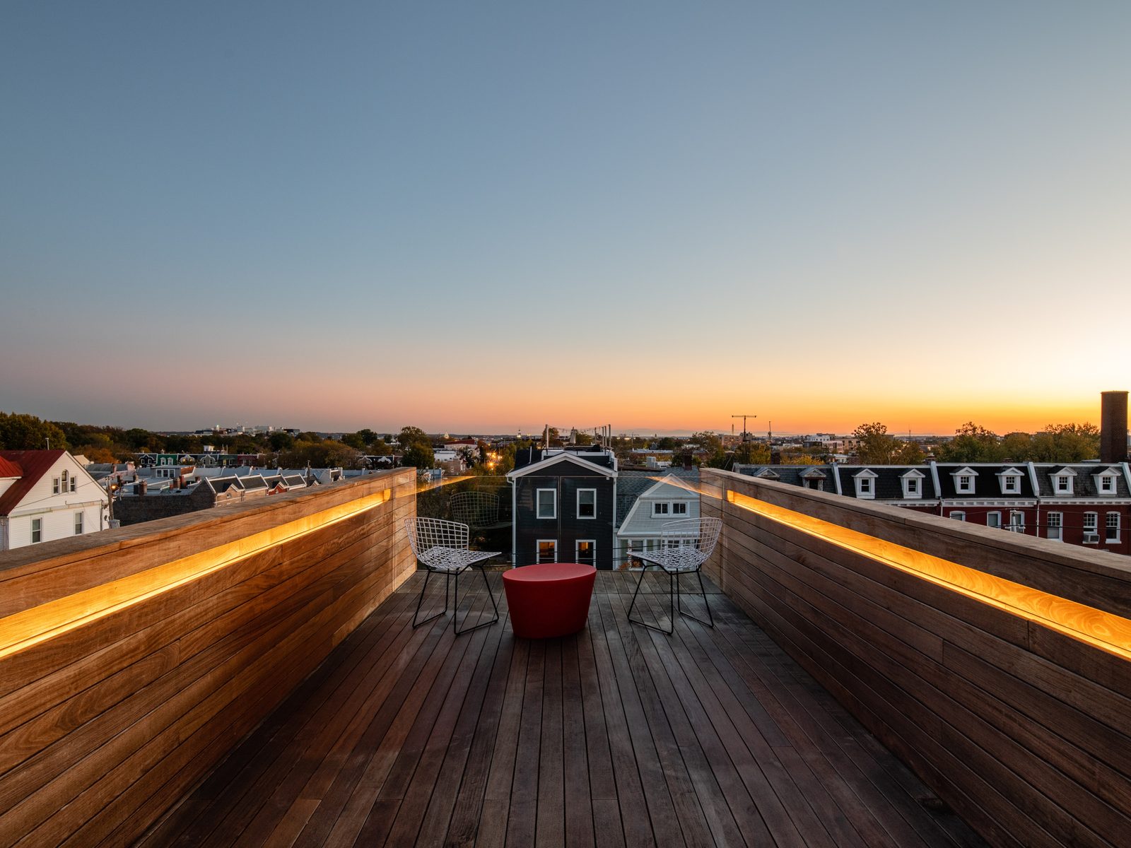 The finished roof deck at dusk