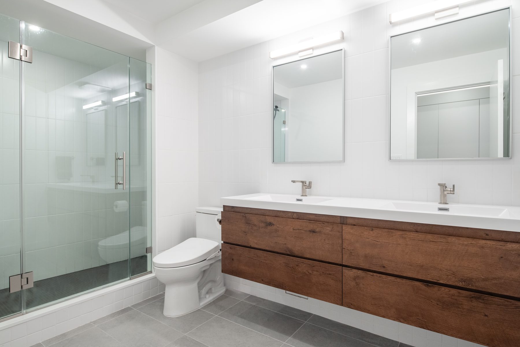 A renovated bathroom at The Long View, a co-op on the SW Waterfront, Washington DC